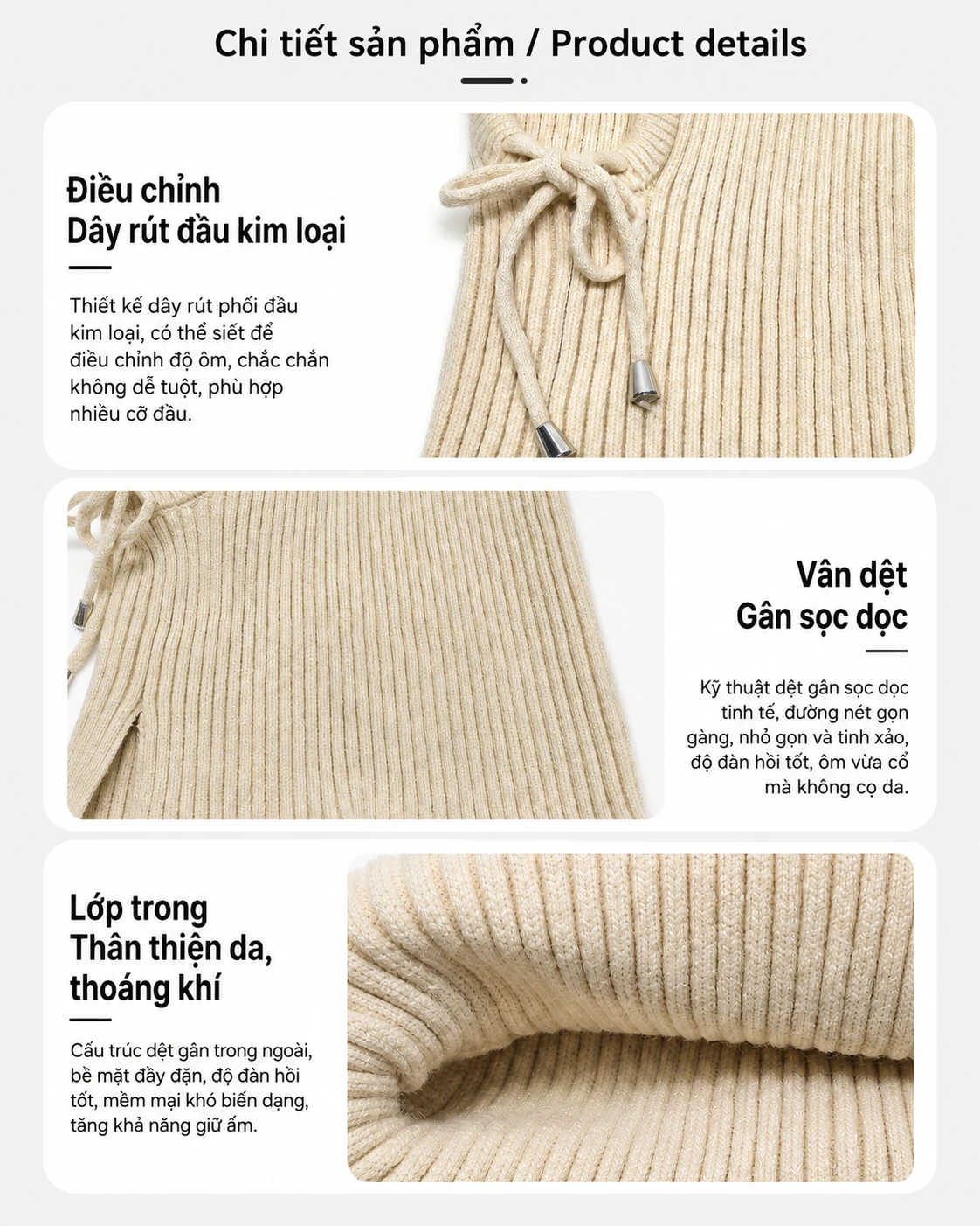 Mũ len chui đầu nữ liền khăn ống dệt kim có dây rút, chắn gió, che tai và mặt, dùng mùa đông