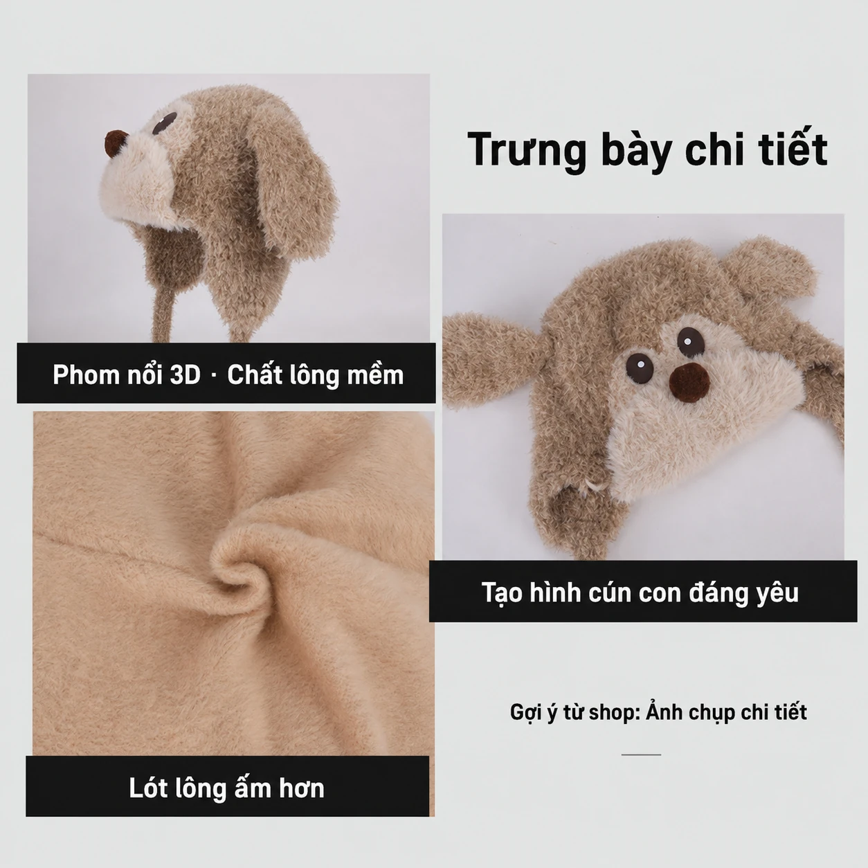 Mũ len chui đầu hình chó bông dễ thương cho bé trai bé gái, giữ ấm che tai mùa đông