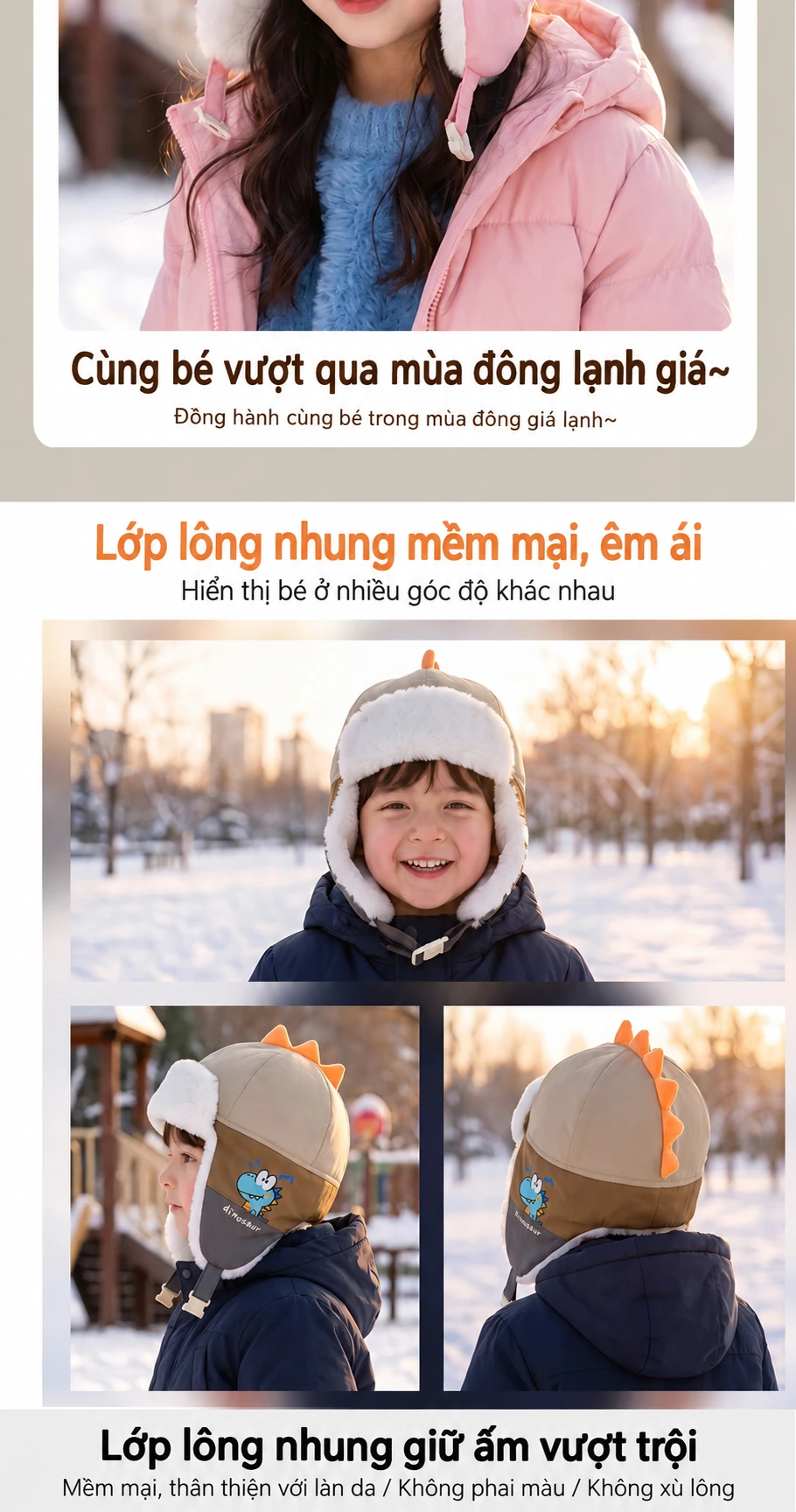Mũ trẻ em mùa đông lót lông giữ ấm che tai, mũ chui đầu hình thỏ khủng long cho bé trai bé gái