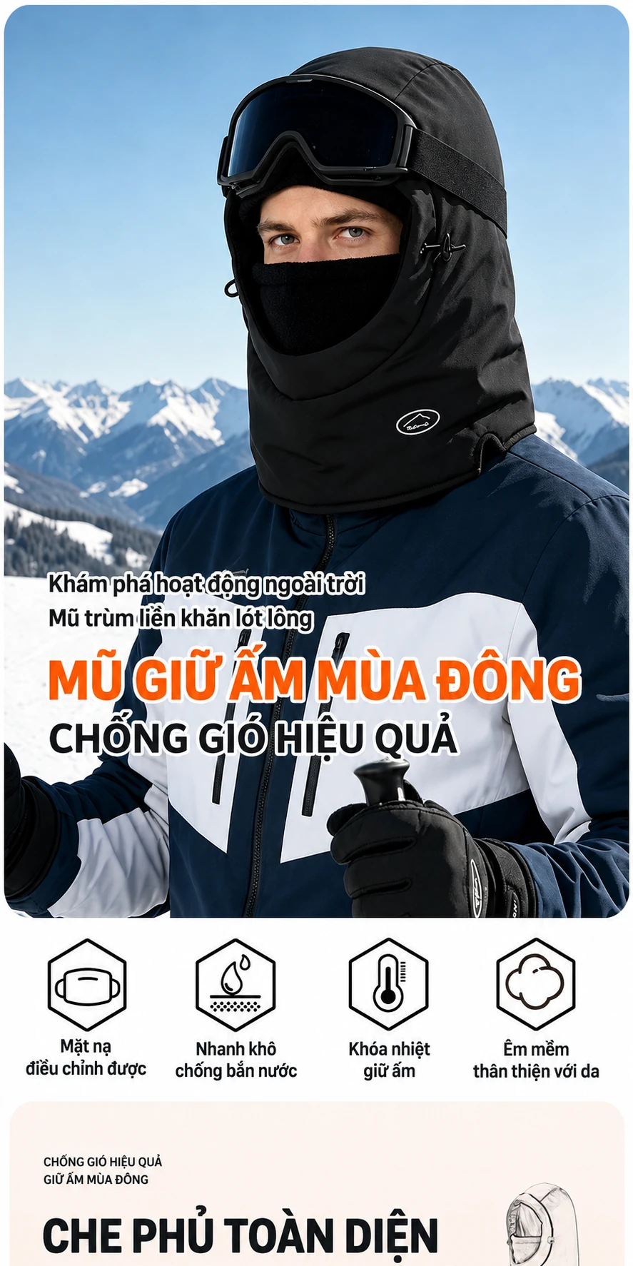 Mũ liền khăn quàng và khẩu trang nữ mùa đông lót lông giữ ấm, che cổ, chui đầu, chắn gió, bịt tai