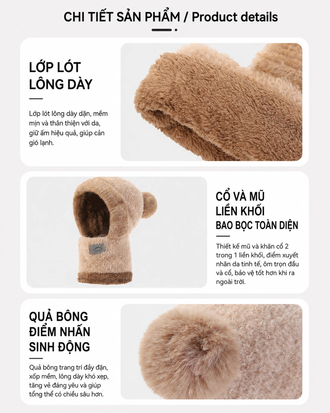 Mũ len nữ dệt kim liền mũ mùa đông lót lông dày giữ ấm che tai