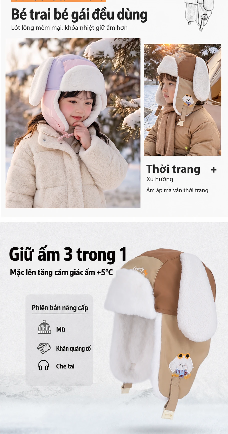 Mũ trẻ em bé trai bé gái hình chó dễ thương, chui đầu, lót lông giữ ấm, che tai cho mùa đông