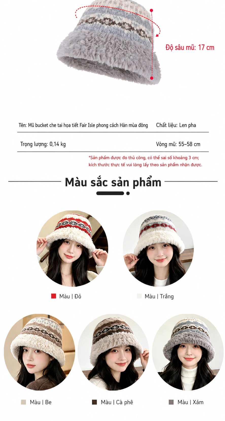 Mũ bucket len nữ lót lông, giữ ấm che tai, phù hợp đi ngoài trời mùa đông