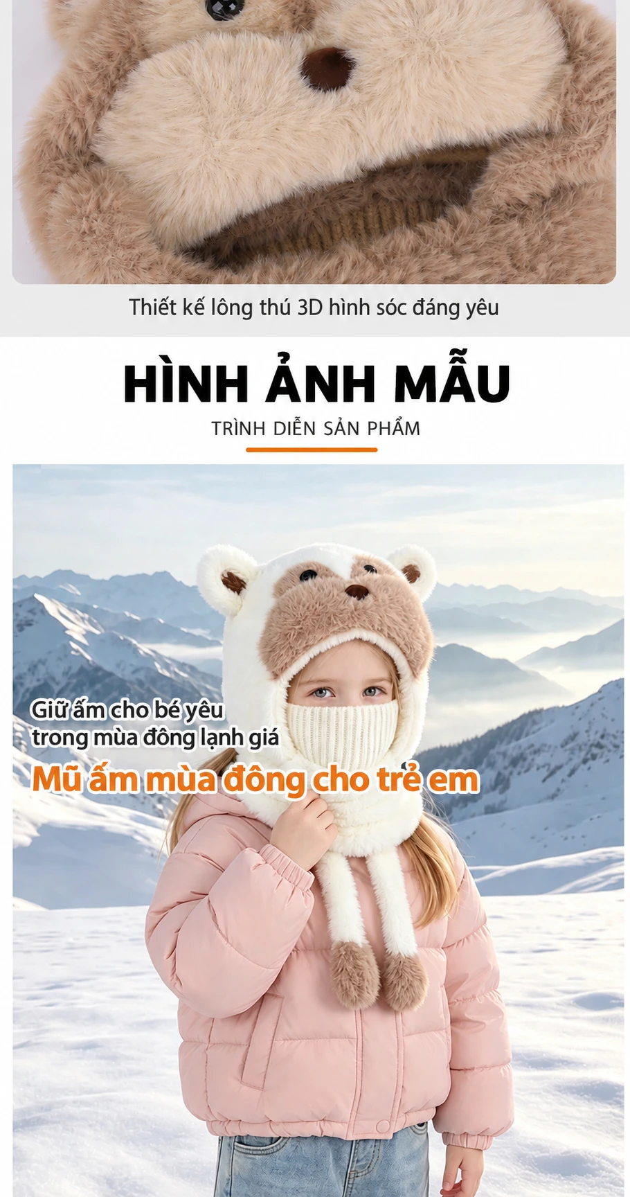 Mũ len trùm đầu liền khăn ống và khẩu trang cho bé trai bé gái, giữ ấm mùa đông, có che tai, họa tiết hoạt hình