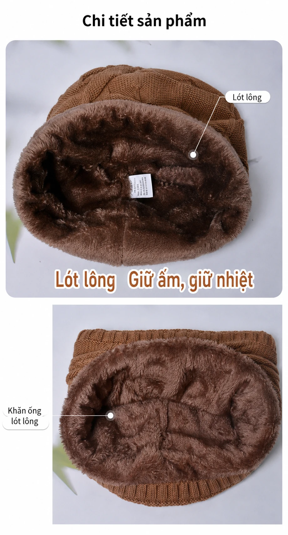 Bộ 2 món mũ len lót lông và khăn ống mùa đông cho nam nữ, giữ ấm ngoài trời, chụp tai