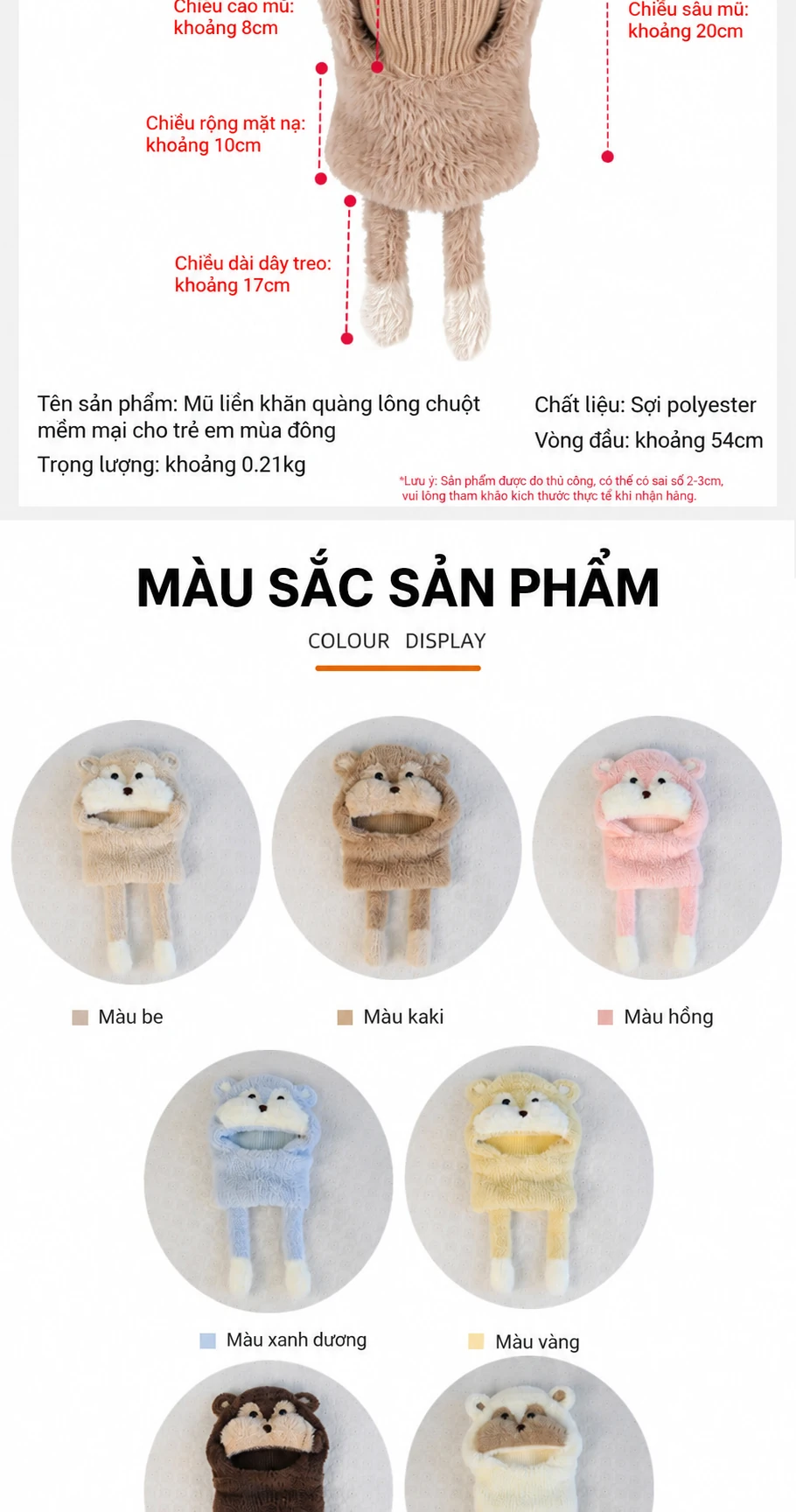 Mũ len trùm đầu liền khăn ống và khẩu trang cho bé trai bé gái, giữ ấm mùa đông, có che tai, họa tiết hoạt hình
