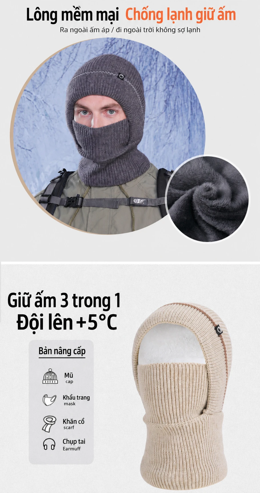  Mũ trùm đầu giữ ấm mùa đông cho nam, có lót nỉ chống lạnh, bảo vệ tai, chất liệu len dệt kim