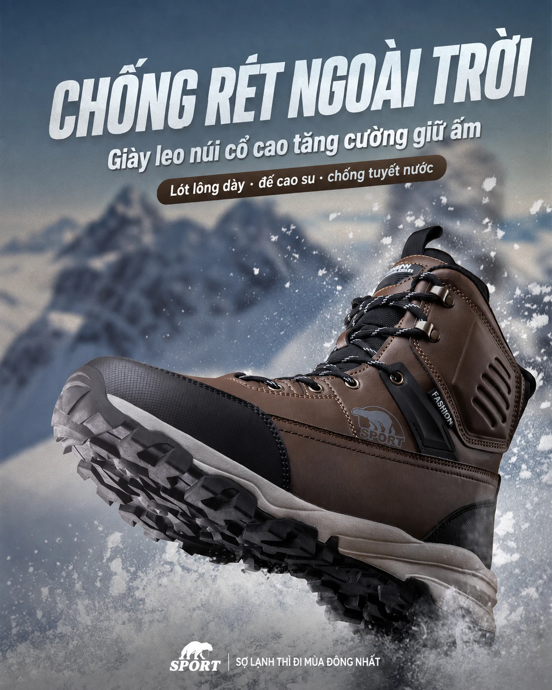 Giày đi tuyết nam chống thấm nước, chống trơn trượt, lót bông ấm áp