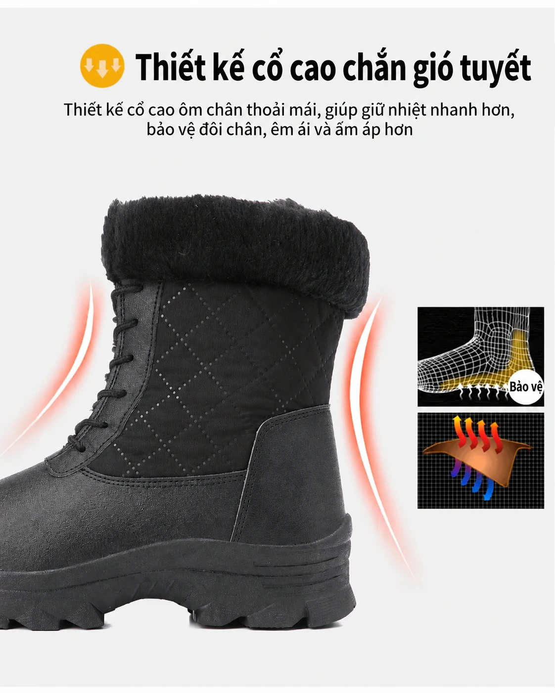 Giày boots đi tuyết nữ cổ cao, chống thấm nước, chống trơn trượt, lót lông giữ ấm, phù hợp đi tuyết và leo núi ngoài trời
