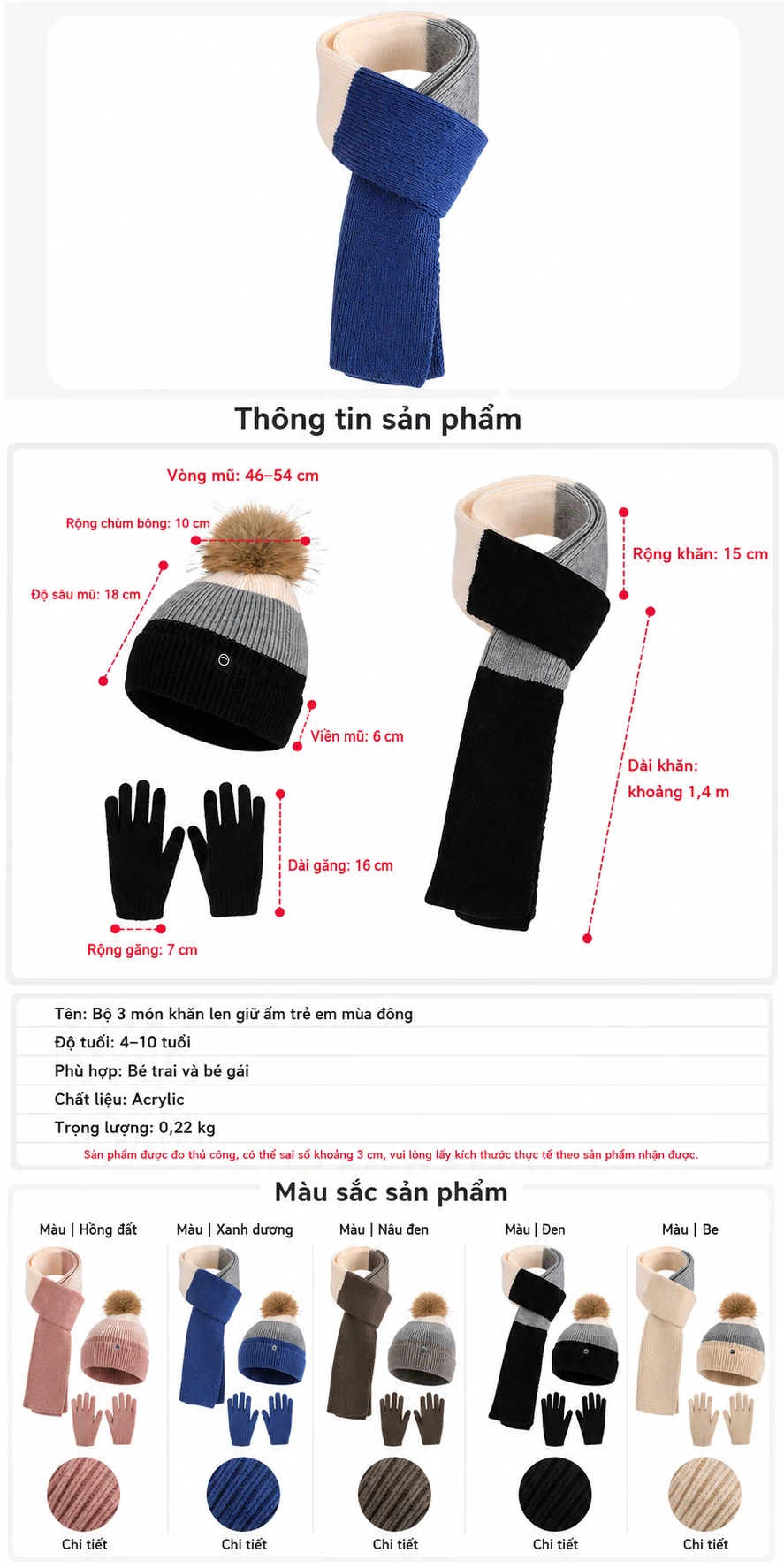 Bộ 3 mũ khăn quàng găng tay cho bé trai bé gái mùa đông, mũ len dệt kim có bịt tai lót lông giữ ấm khi đi ngoài trời