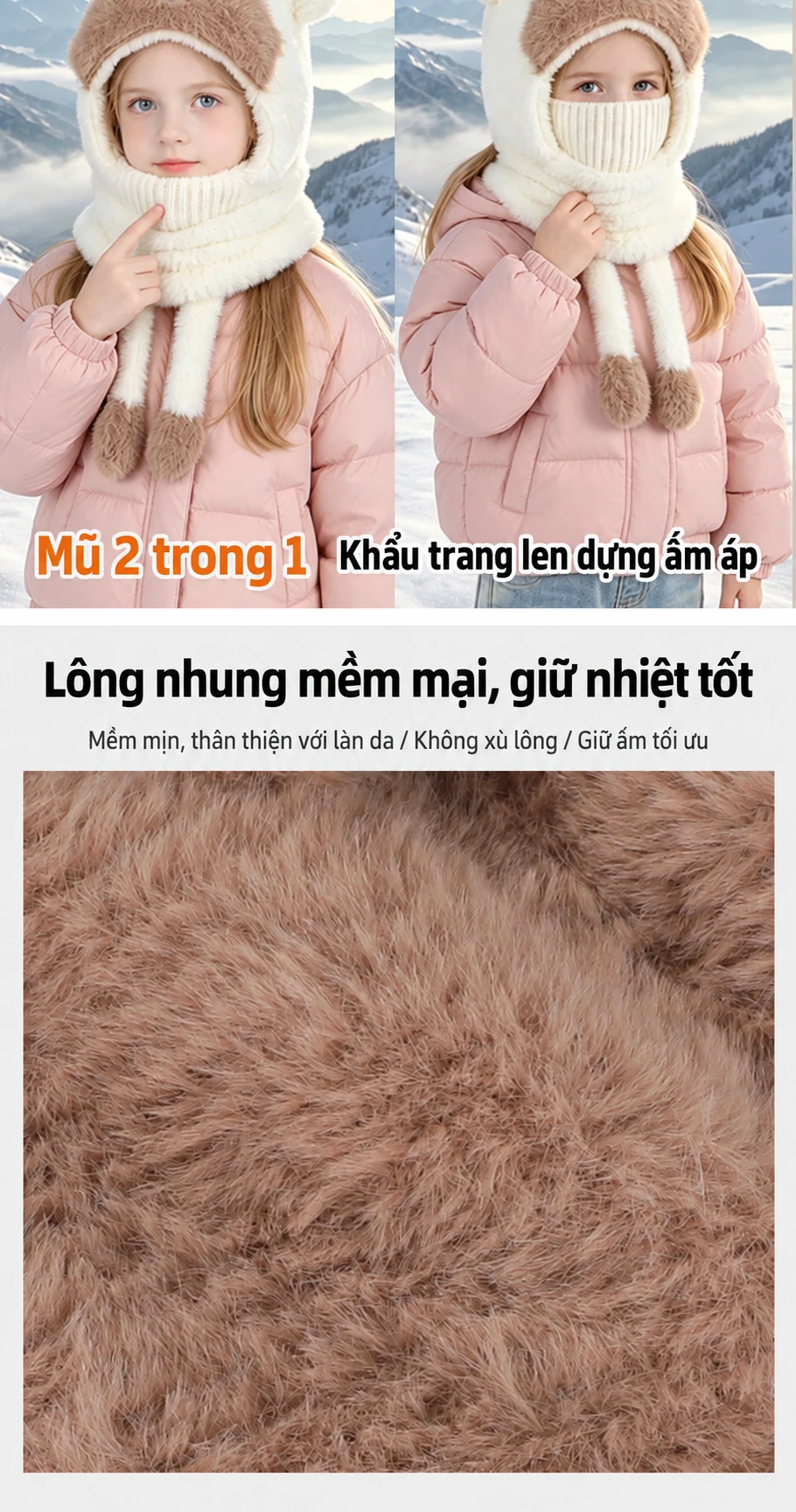 Mũ len trùm đầu liền khăn ống và khẩu trang cho bé trai bé gái, giữ ấm mùa đông, có che tai, họa tiết hoạt hình
