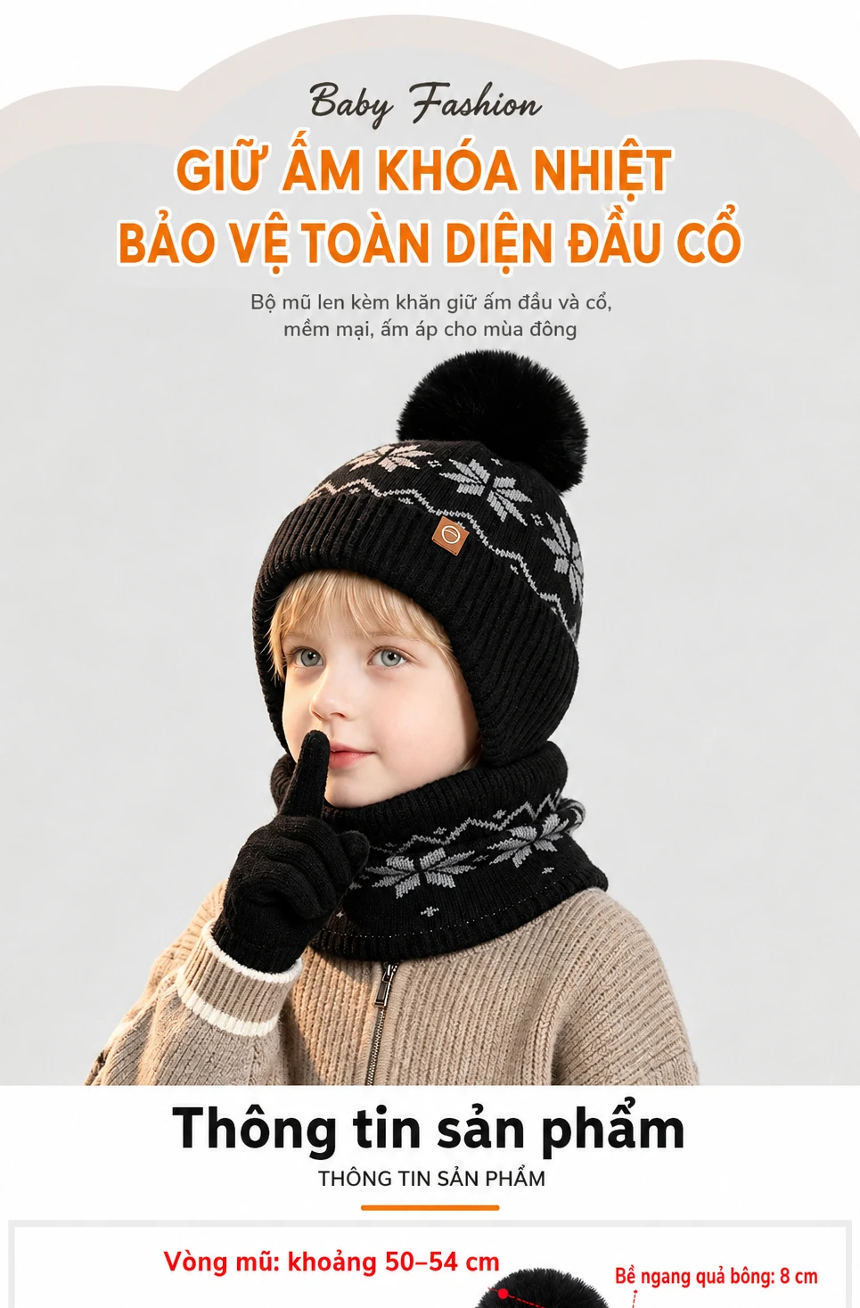 Bộ 3 món mũ len, găng tay và khăn ống cho bé trai bé gái, lót lông giữ ấm, che tai, dùng ngoài trời mùa đông