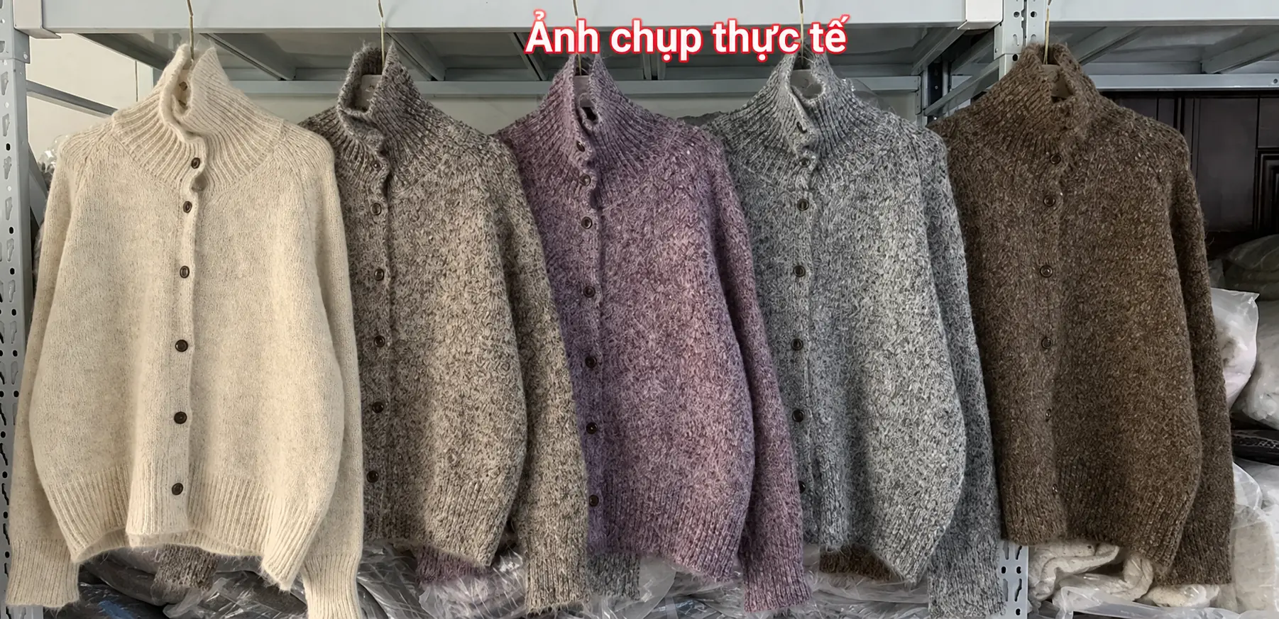 Áo khoác len cardigan nữ cổ lọ dệt kim, dáng rộng mềm mại thu đông