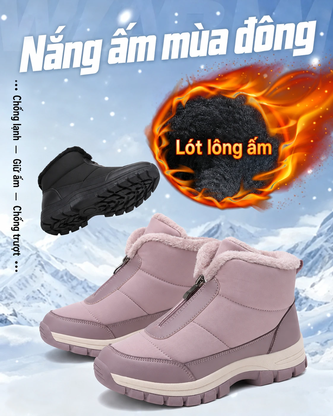 Boots đi tuyết nữ chống nước chống trượt đi ngoài trời, lót lông giữ ấm, đế dày, phù hợp mùa đông