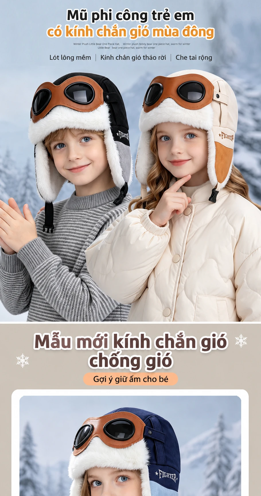 Mũ phi công kèm kính cho bé trai bé gái, lót lông giữ ấm, che tai, dùng mùa đông ngoài trời