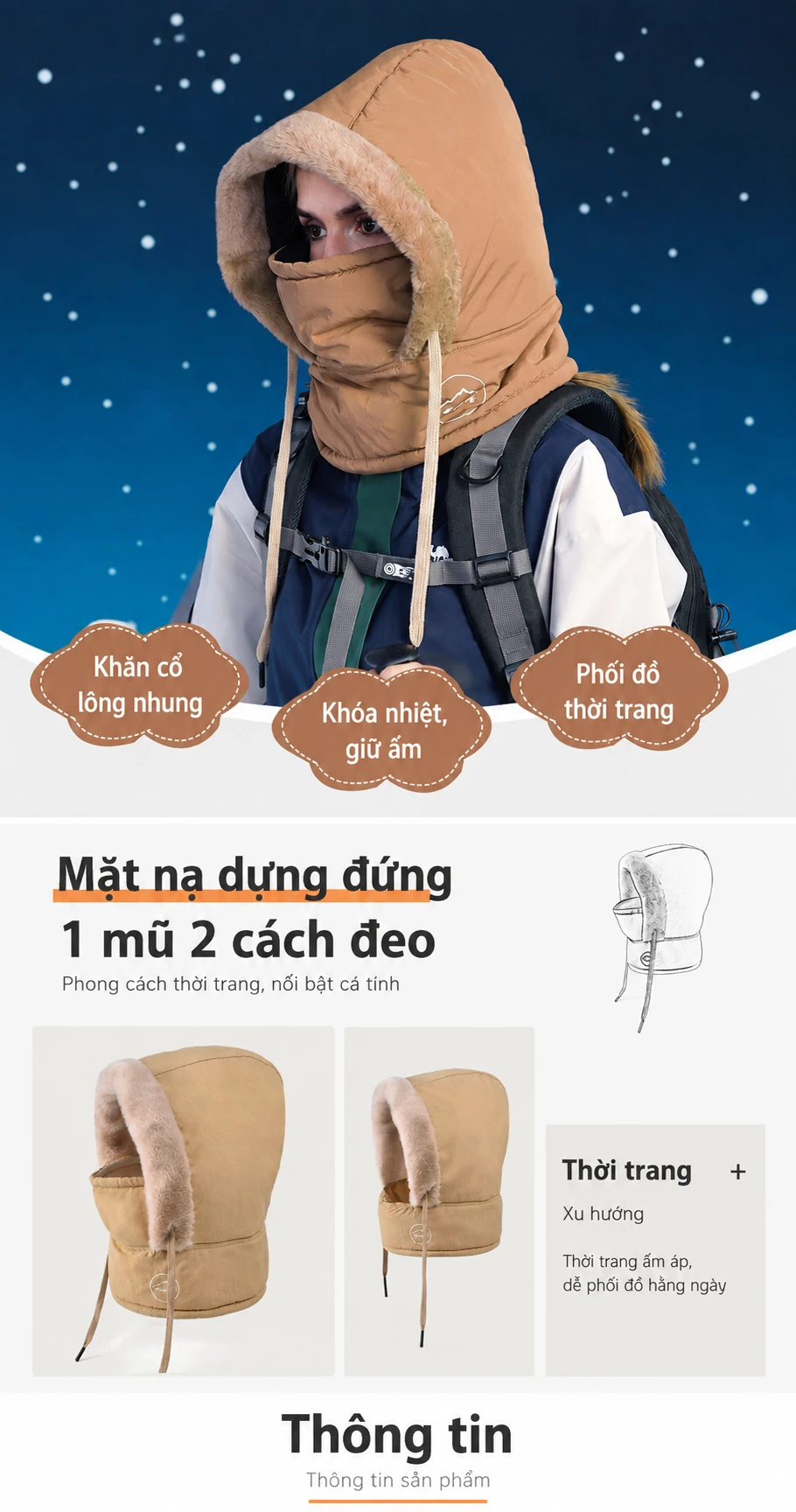 Mũ trùm đầu nam, nữ chống thấm nước, cản gió, giữ ấm, bảo vệ tai và cổ