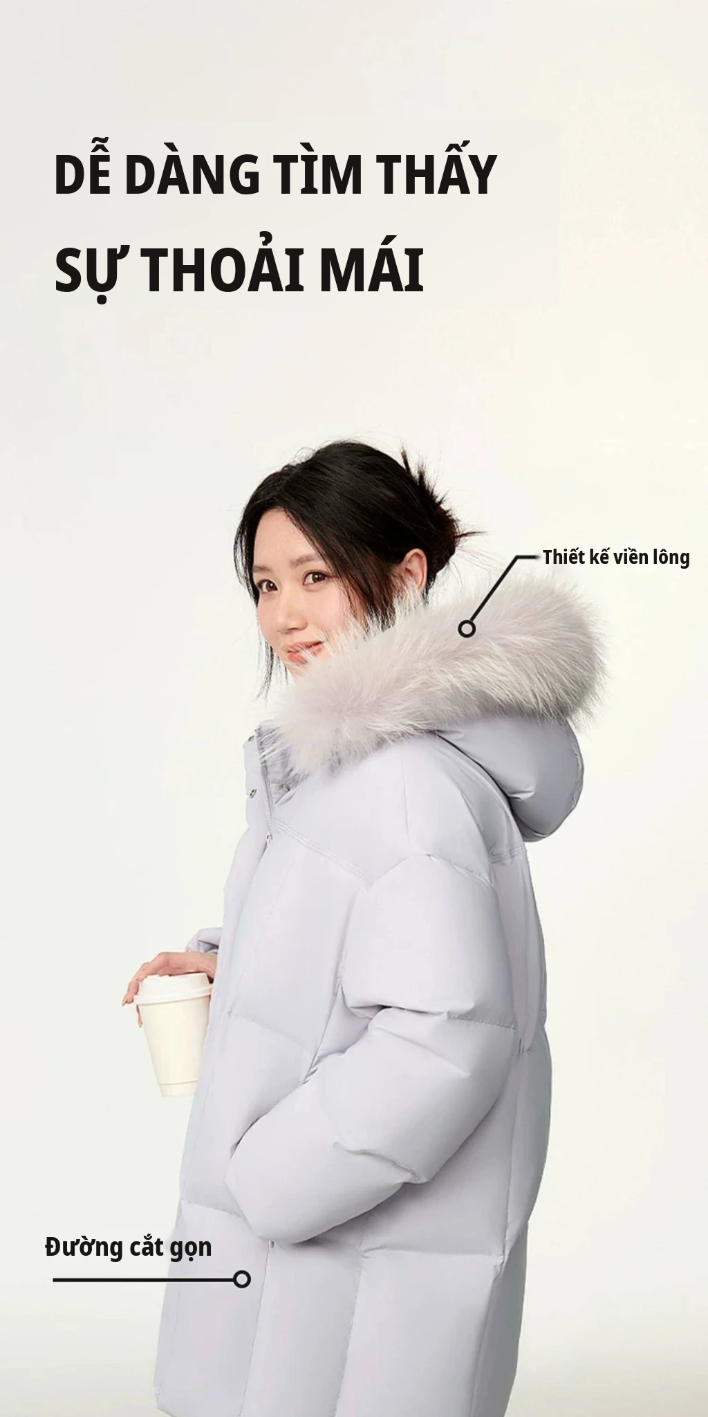 Áo phao lông vũ nữ mùa đông cổ lông gấu trúc, phong cách thời trang thanh lịch