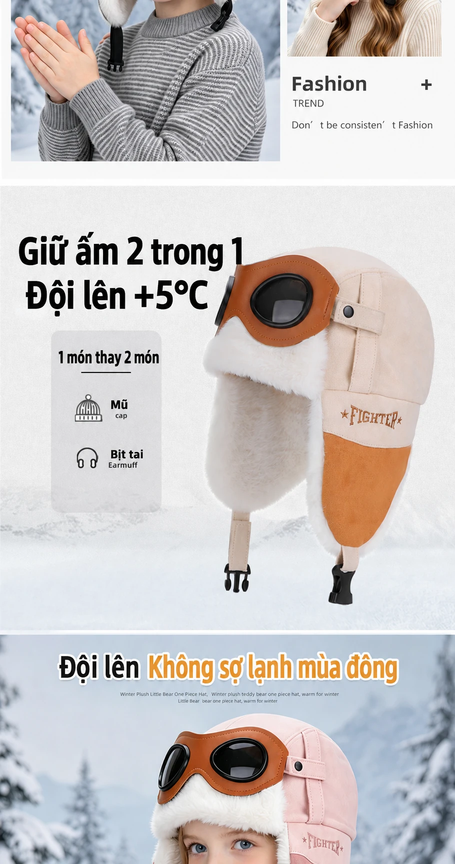 Mũ phi công kèm kính cho bé trai bé gái, lót lông giữ ấm, che tai, dùng mùa đông ngoài trời