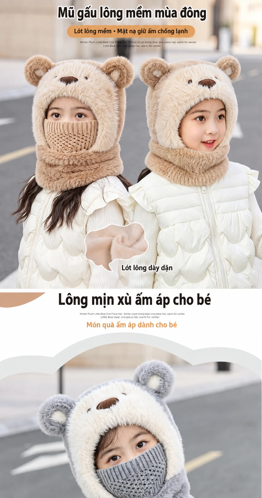 Mũ len trùm đầu liền khăn quàng và khẩu trang cho bé hình gấu hoạt hình, lót lông giữ ấm mùa đông, che tai