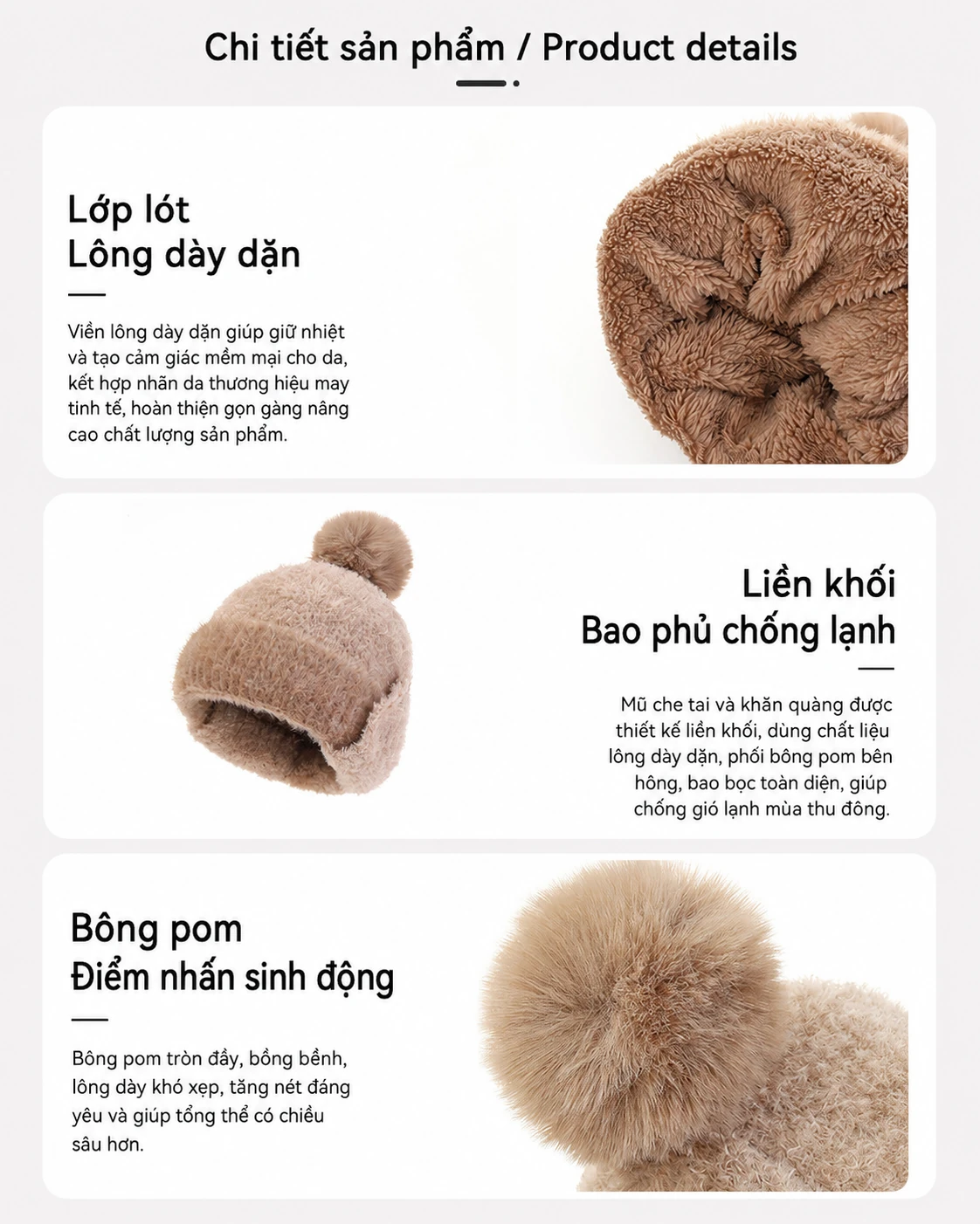 Mũ len nữ chụp đầu giữ ấm chống gió có bịt tai, lót lông, viền phối màu, quả bông