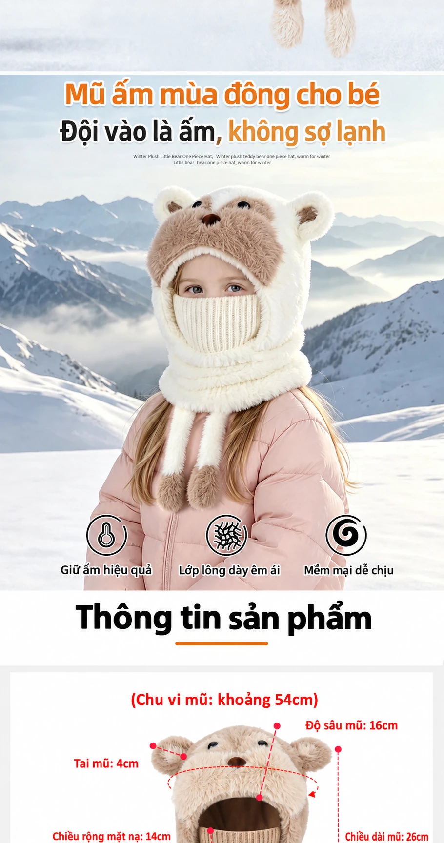 Mũ len trùm đầu liền khăn ống và khẩu trang cho bé trai bé gái, giữ ấm mùa đông, có che tai, họa tiết hoạt hình