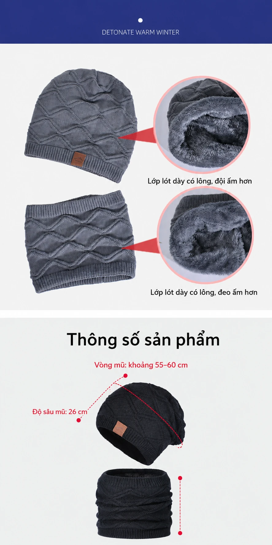 Bộ 2 món mũ len nam nữ chui đầu dệt kim có lót lông giữ ấm che tai kèm khăn ống, chống gió mùa đông