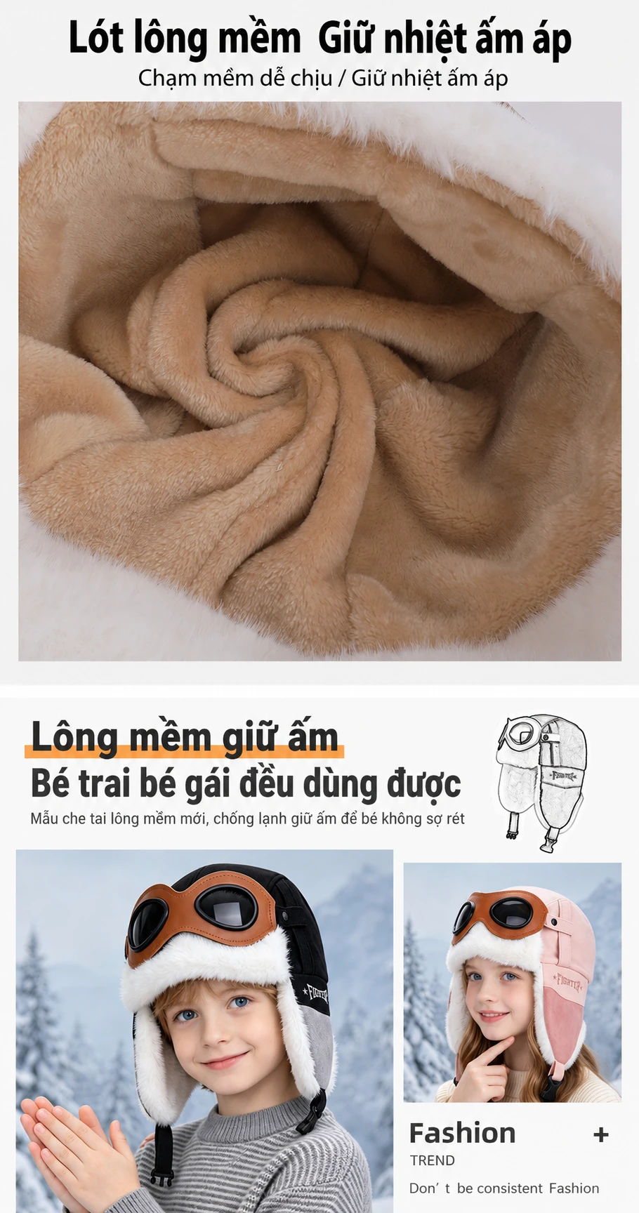 Mũ phi công kèm kính cho bé trai bé gái, lót lông giữ ấm, che tai, dùng mùa đông ngoài trời
