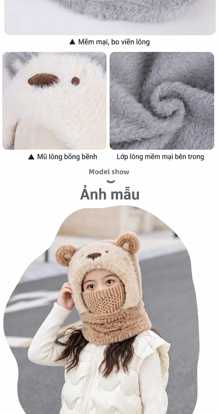 Mũ len trùm đầu liền khăn quàng và khẩu trang cho bé hình gấu hoạt hình, lót lông giữ ấm mùa đông, che tai
