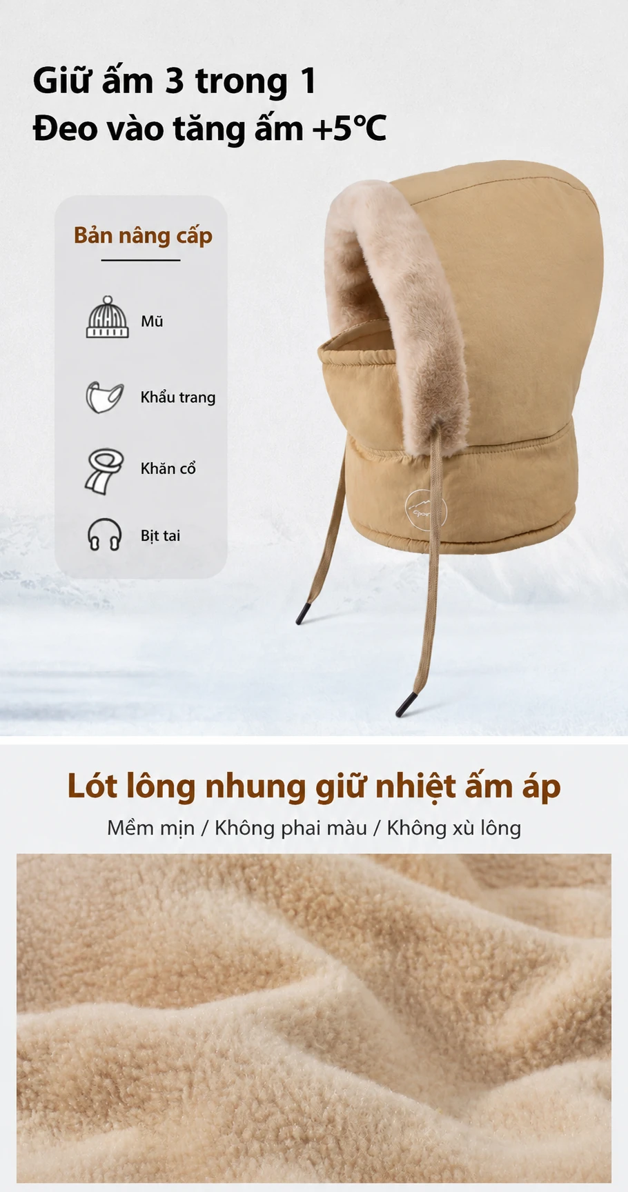 Mũ trùm đầu nam, nữ chống thấm nước, cản gió, giữ ấm, bảo vệ tai và cổ
