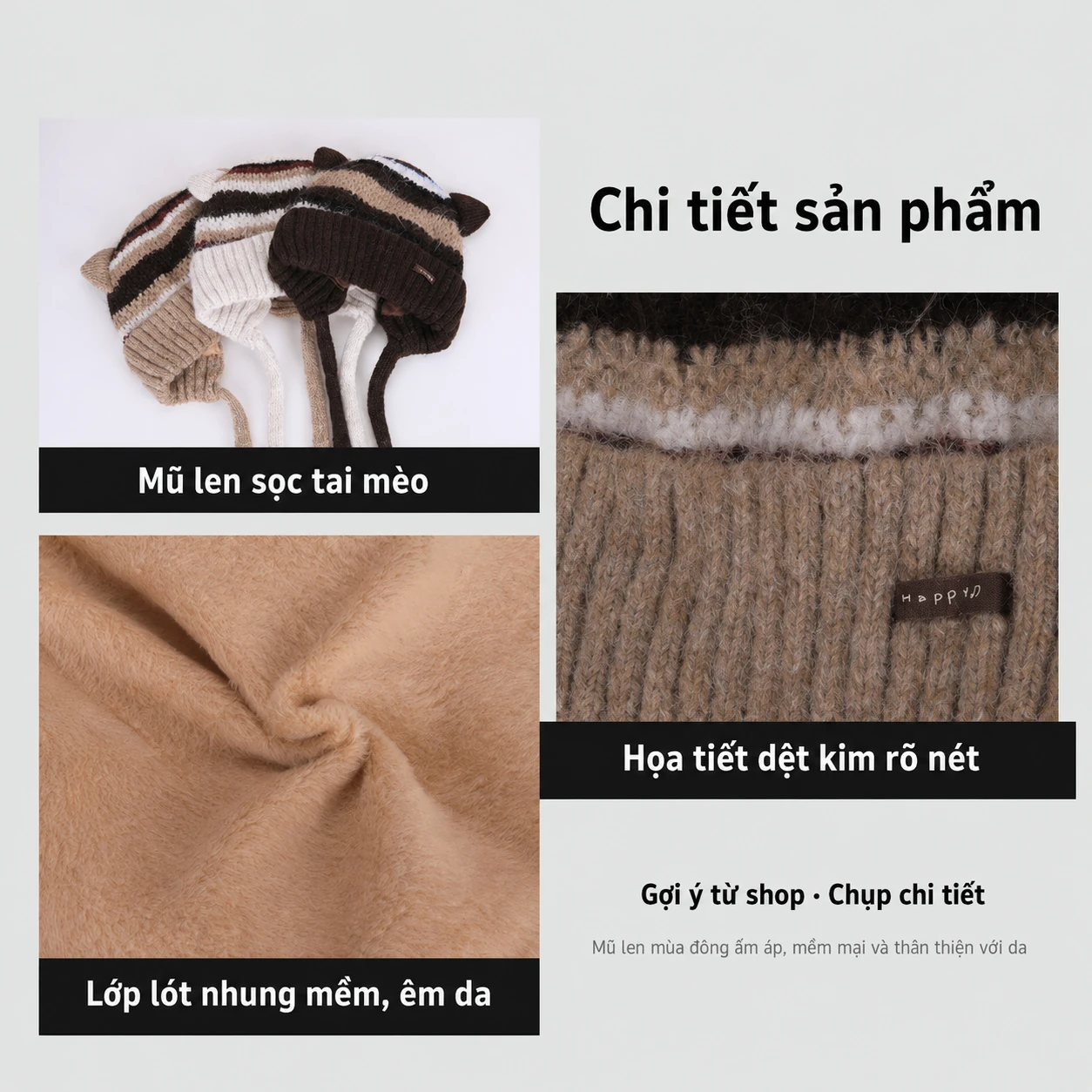 Mũ len nữ tai mèo dễ thương, lót lông giữ ấm, che tai, đội mùa đông