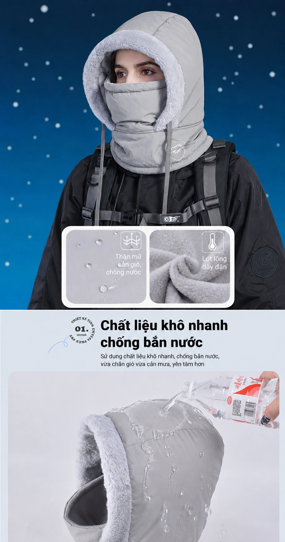 Mũ trùm đầu nam, nữ chống thấm nước, cản gió, giữ ấm, bảo vệ tai và cổ