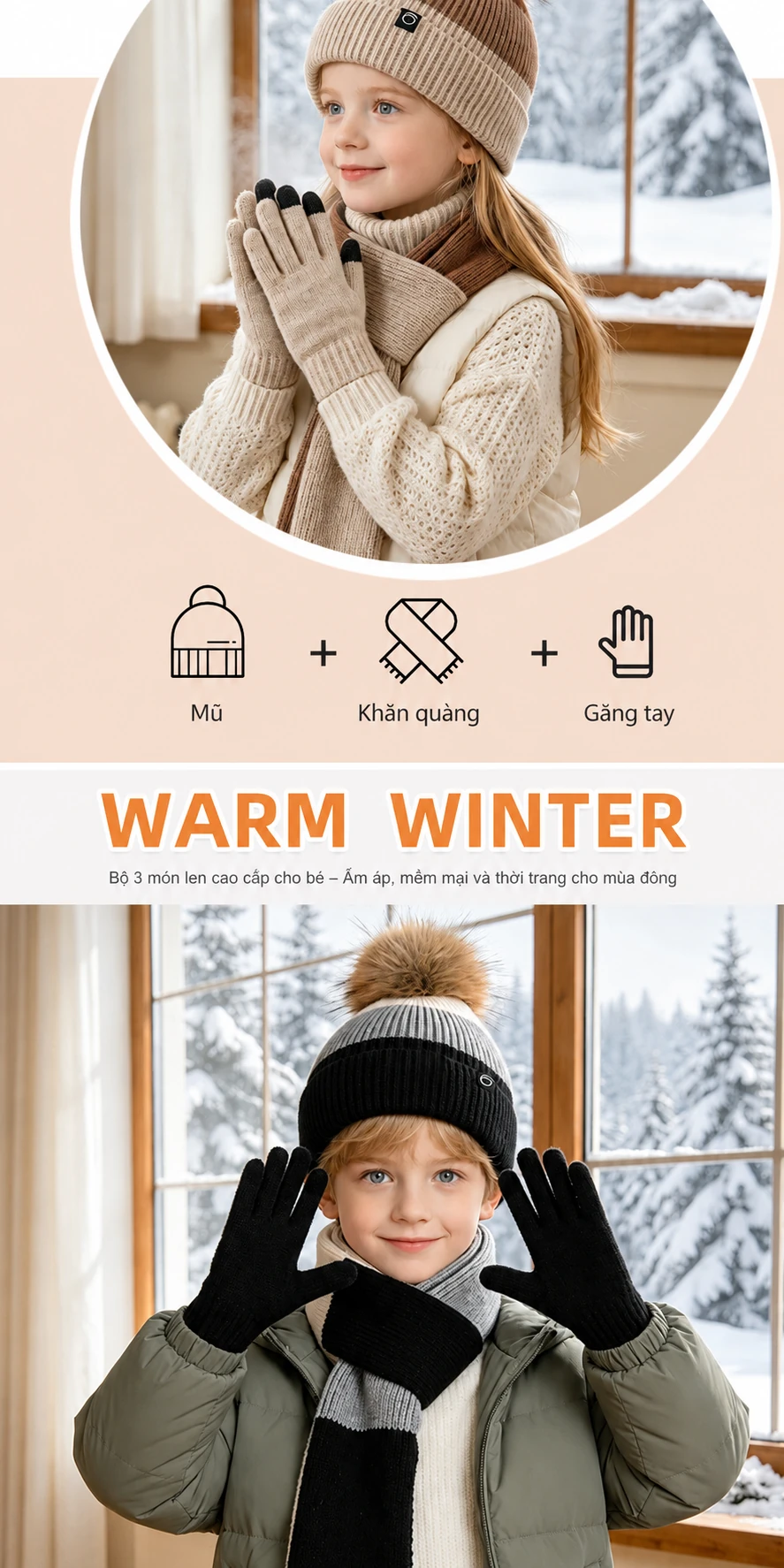 Bộ 3 mũ khăn quàng găng tay cho bé trai bé gái mùa đông, mũ len dệt kim có bịt tai lót lông giữ ấm khi đi ngoài trời