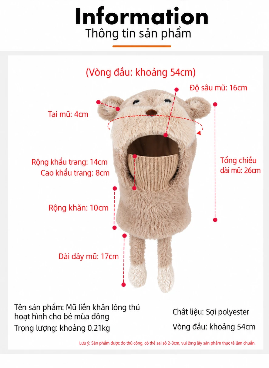 Mũ len chui đầu liền khăn quàng và che mặt cho bé trai bé gái, giữ ấm mùa đông, có bịt tai, họa tiết hoạt hình dễ thương