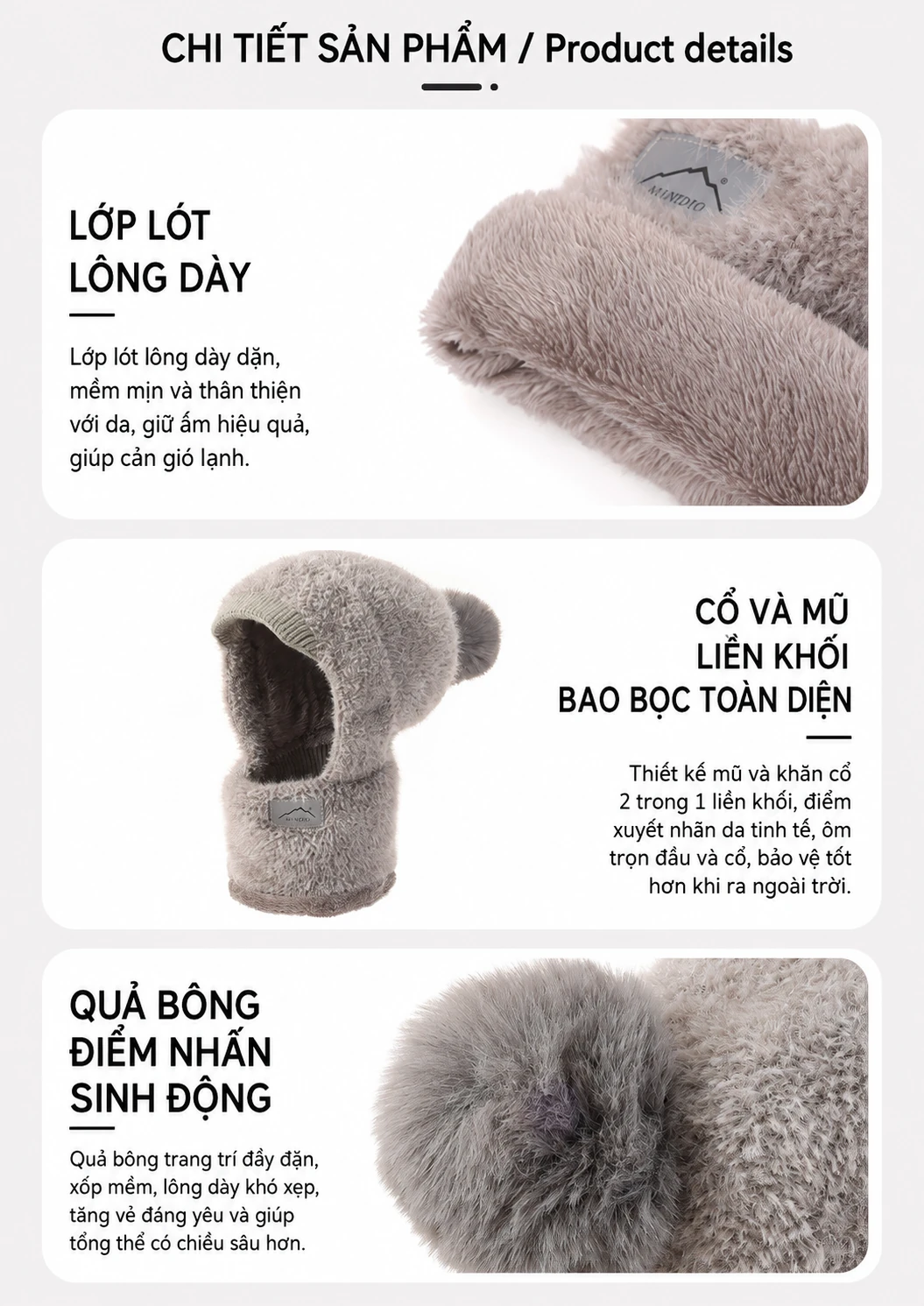 Mũ len nữ dệt kim phối màu có bịt tai giữ ấm mùa đông lót lông, kiểu liền mũ, dùng đi ngoài trời