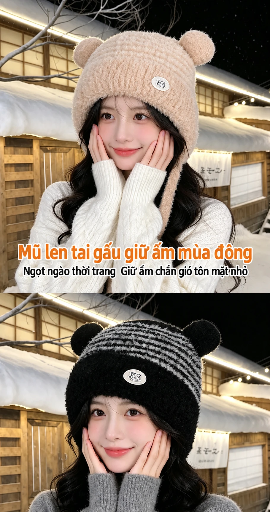 Mũ len dệt kim nữ phong cách ngọt ngào dễ thương, lót lông giữ ấm, che tai, đội mùa đông