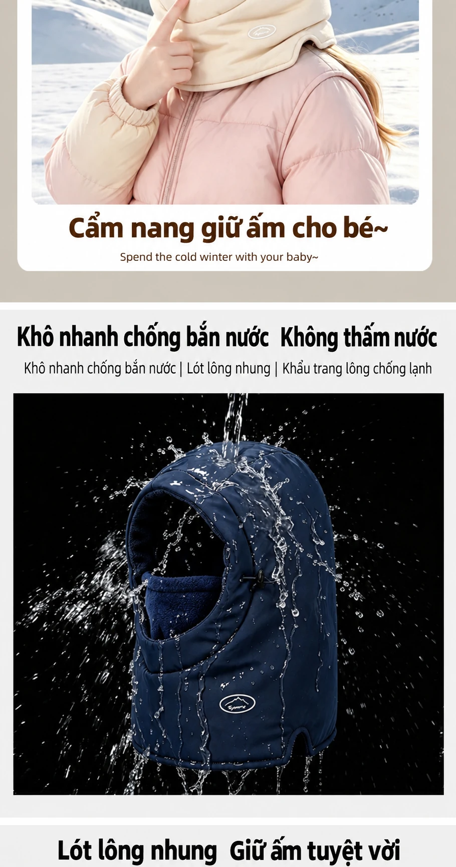 Mũ trùm đầu liền khăn quàng và che mặt cho bé trai bé gái, giữ ấm chống nước, lót lông mùa đông