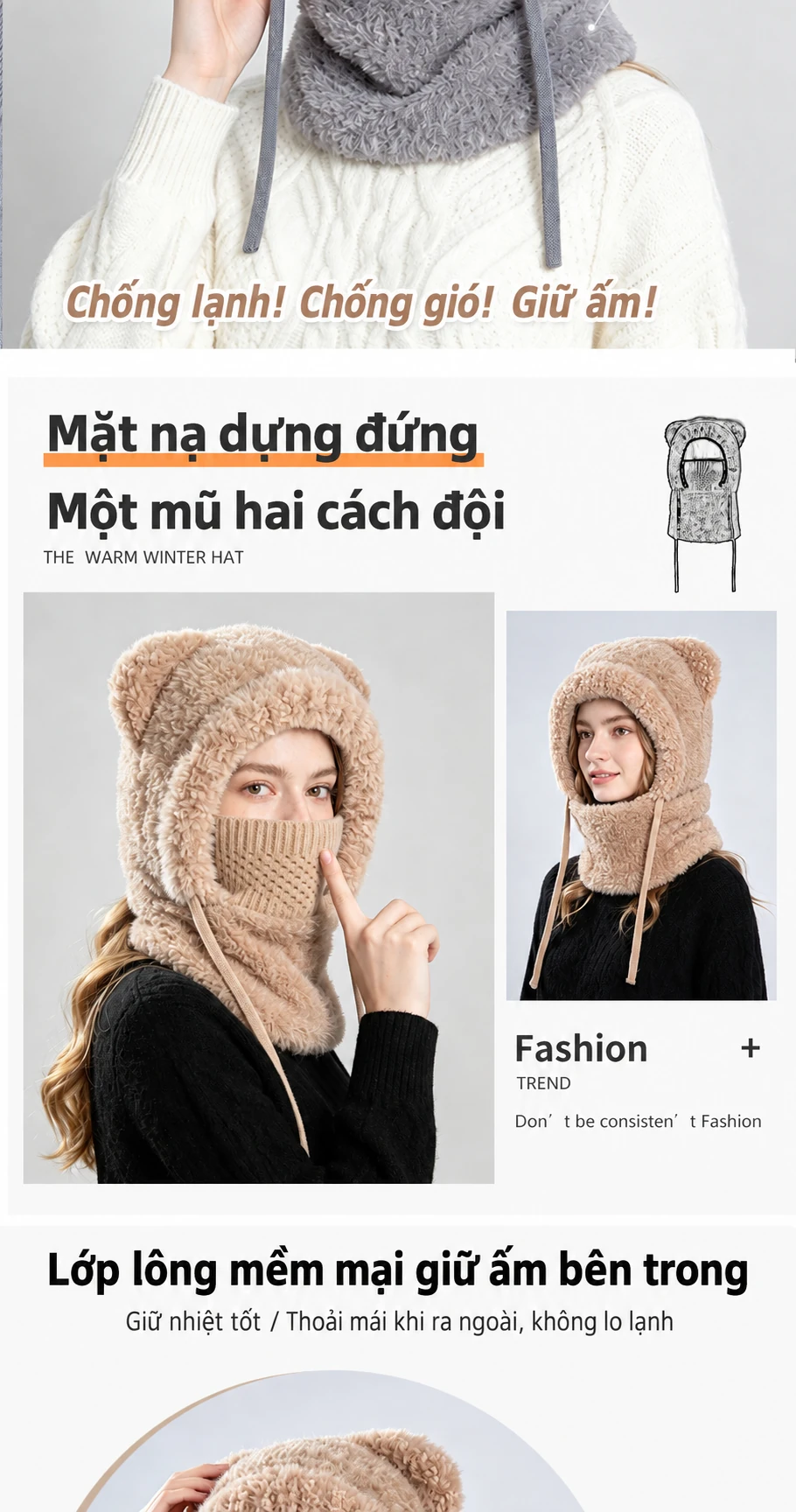 Mũ len nữ trùm đầu liền khăn quàng và khẩu trang, lót lông giữ ấm, che tai, dùng cho mùa đông ngoài trời