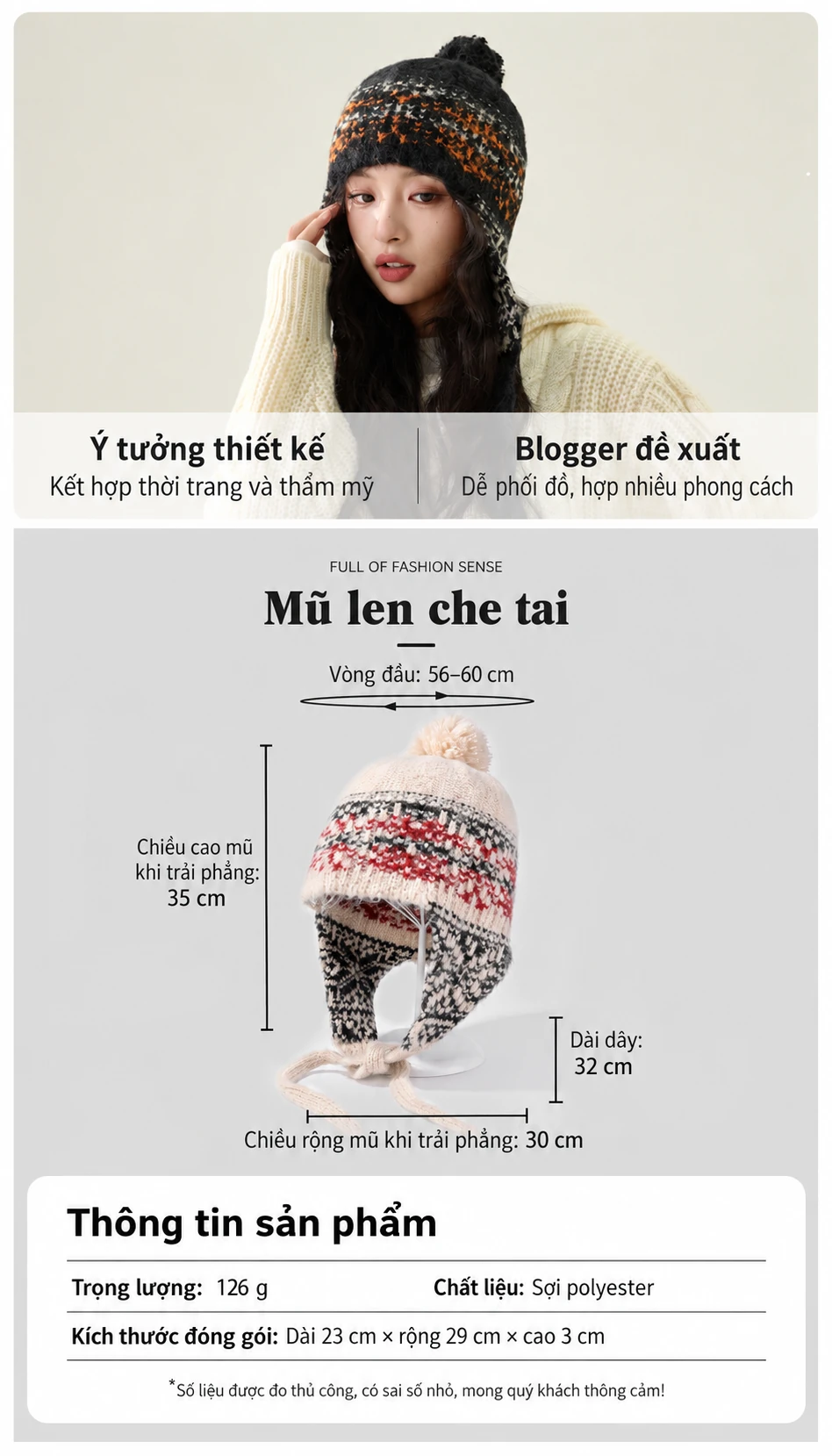 Mũ len nữ kiểu tai bèo họa tiết, đính quả bông ngọt ngào dễ thương mùa thu đông