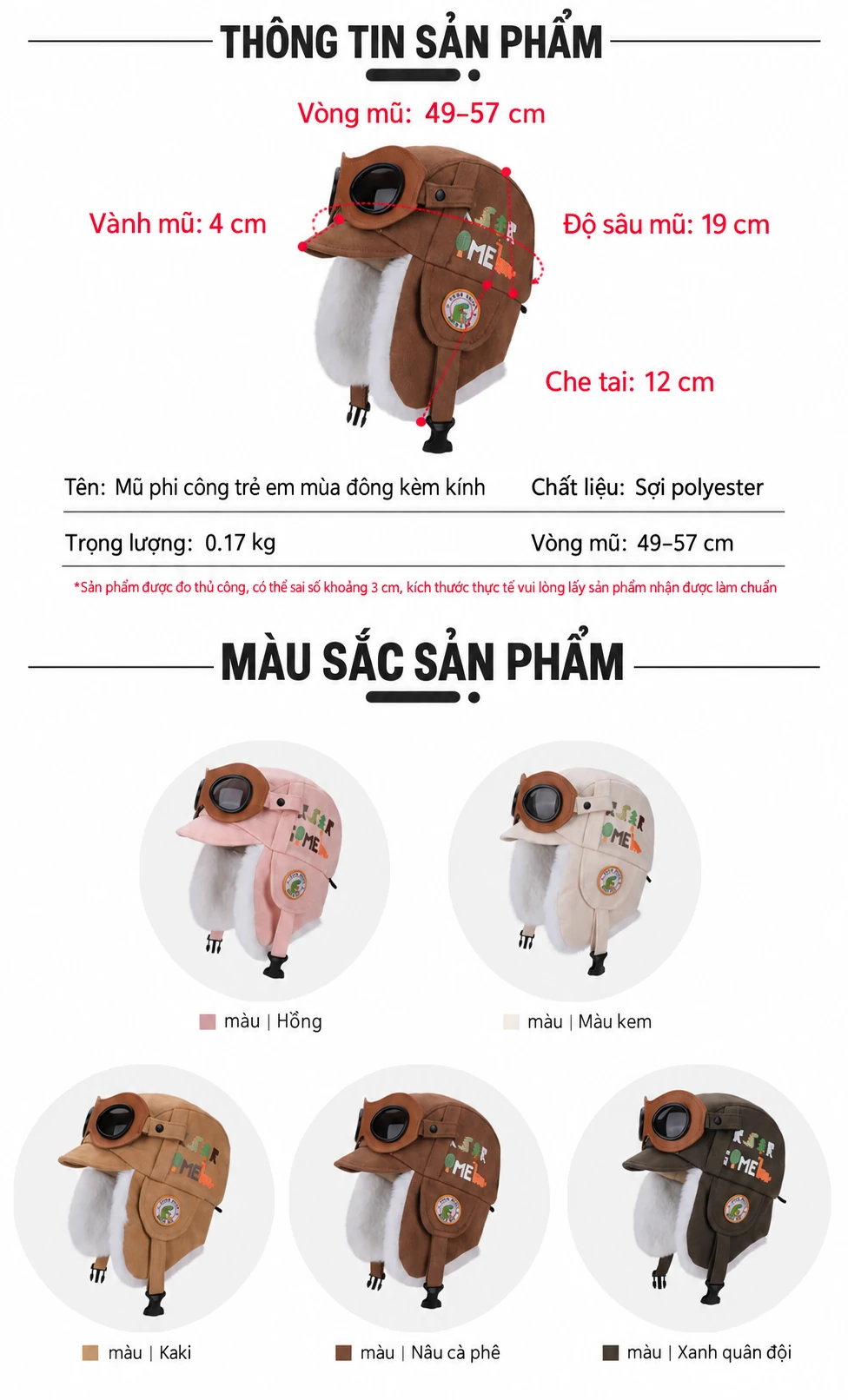 Mũ phi công hoạt hình dễ thương cho bé trai bé gái mùa đông, lót lông giữ ấm, che tai