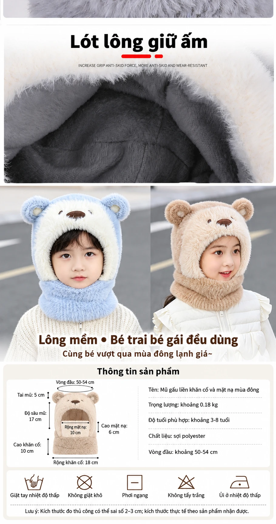 Mũ len trùm đầu liền khăn quàng và khẩu trang cho bé hình gấu hoạt hình, lót lông giữ ấm mùa đông, che tai