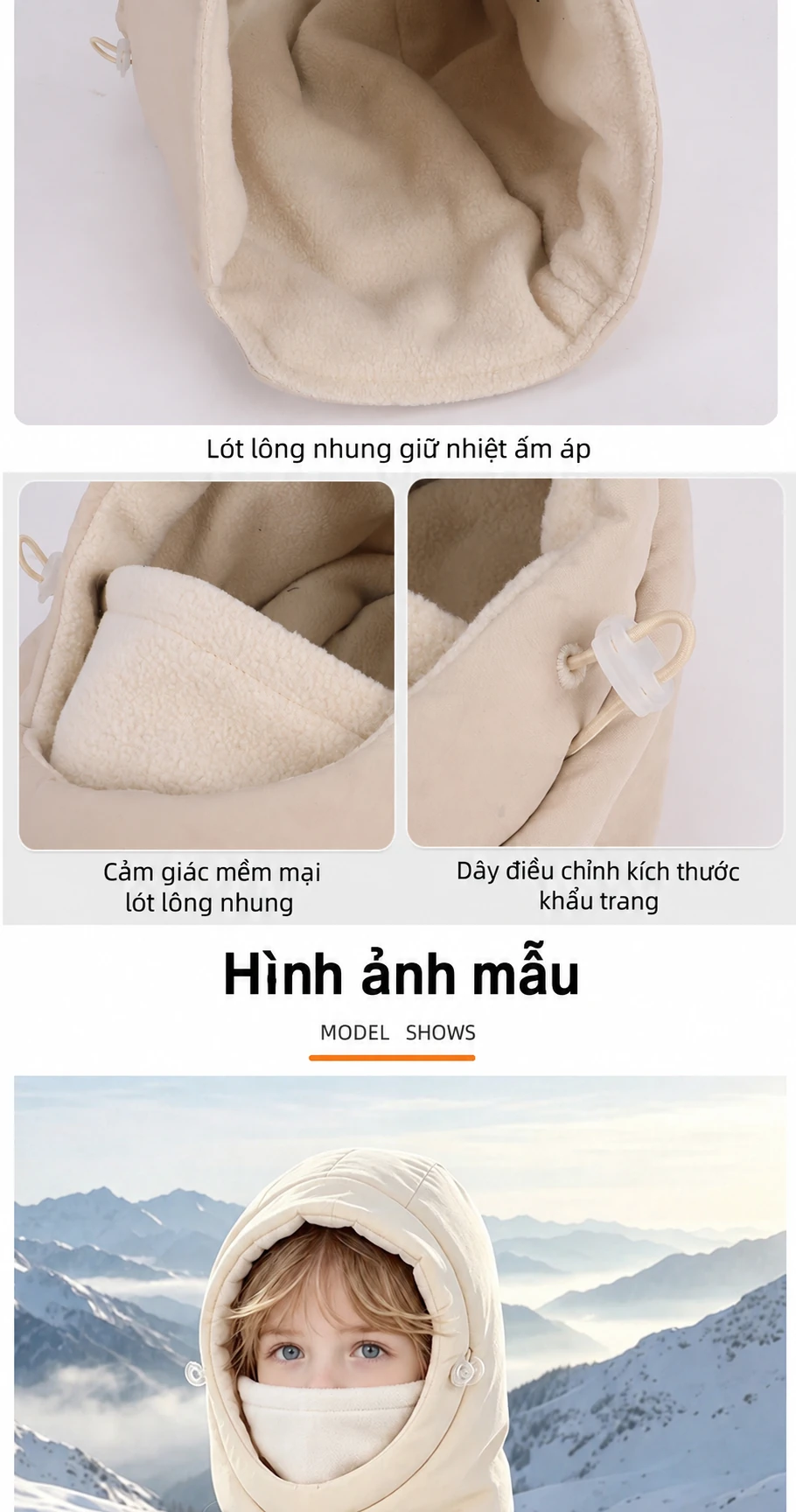 Mũ trùm đầu liền khăn quàng và che mặt cho bé trai bé gái, giữ ấm chống nước, lót lông mùa đông