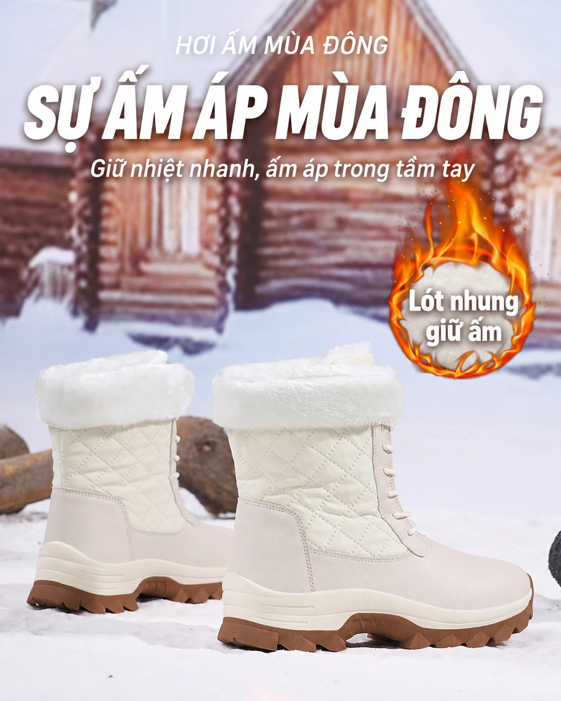 Giày boots đi tuyết nữ cổ cao, chống thấm nước, chống trơn trượt, lót lông giữ ấm, phù hợp đi tuyết và leo núi ngoài trời