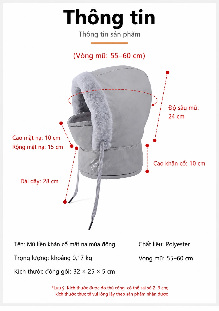 Mũ trùm đầu nam, nữ chống thấm nước, cản gió, giữ ấm, bảo vệ tai và cổ