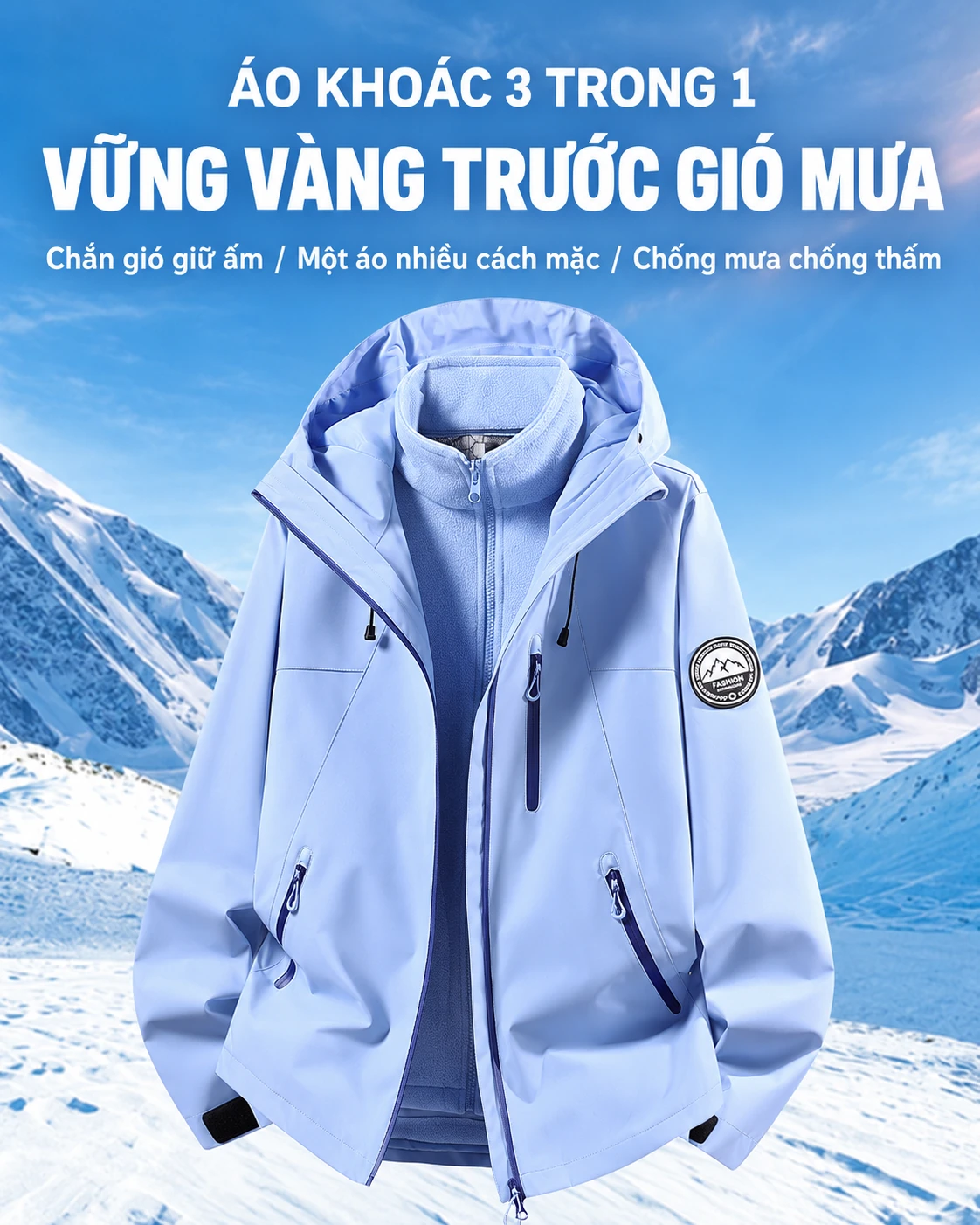 Áo khoác leo núi ngoài trời 3 trong 1 nam nữ, bộ 2 món thu đông, chống gió chống nước, lót nỉ giữ ấm