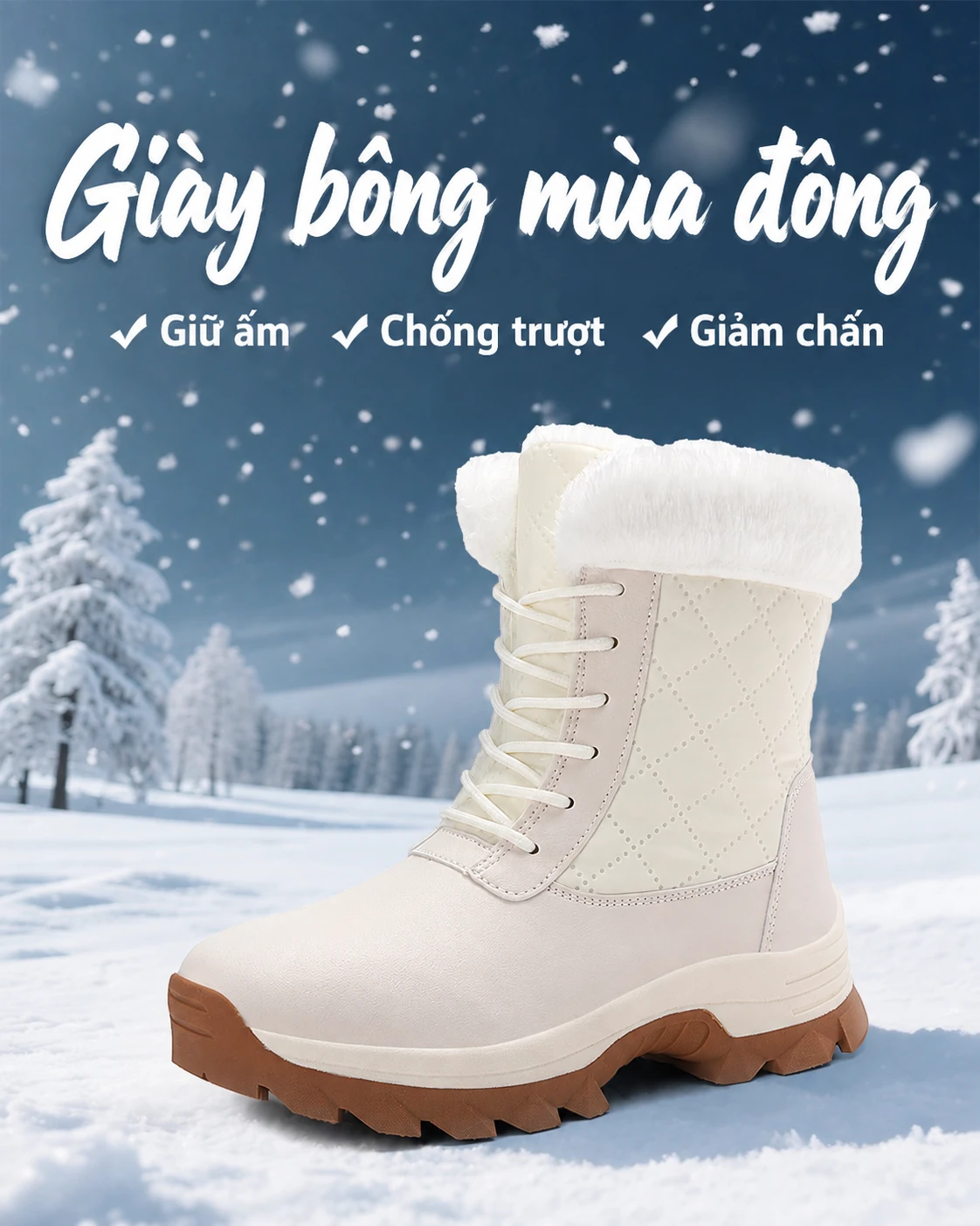 Giày boots đi tuyết nữ cổ cao, chống thấm nước, chống trơn trượt, lót lông giữ ấm, phù hợp đi tuyết và leo núi ngoài trời