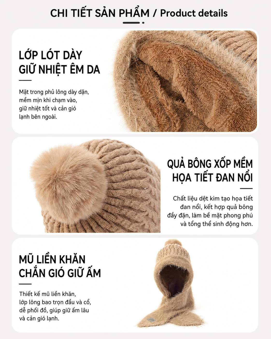 Mũ len nữ mùa đông lót lông, che tai, có chùm bông, chắn gió, giữ ấm cổ liền khăn ống giả lông chồn