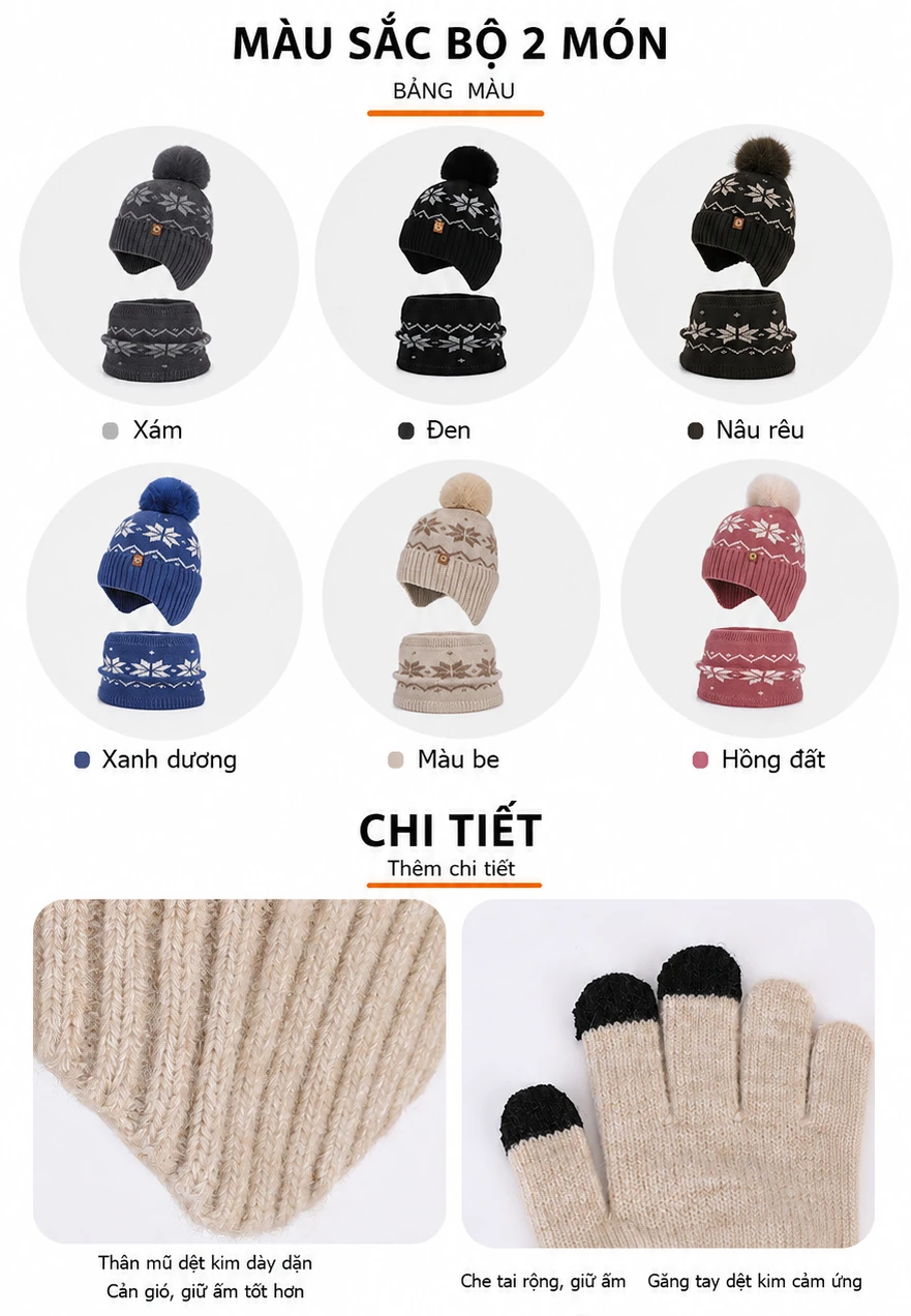 Bộ 3 món mũ len, găng tay và khăn ống cho bé trai bé gái, lót lông giữ ấm, che tai, dùng ngoài trời mùa đông