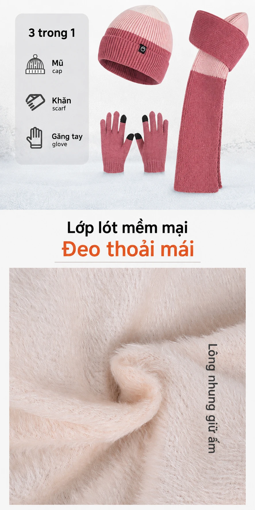 Bộ 3 mũ khăn quàng găng tay cho bé trai bé gái mùa đông, mũ len dệt kim có bịt tai lót lông giữ ấm khi đi ngoài trời