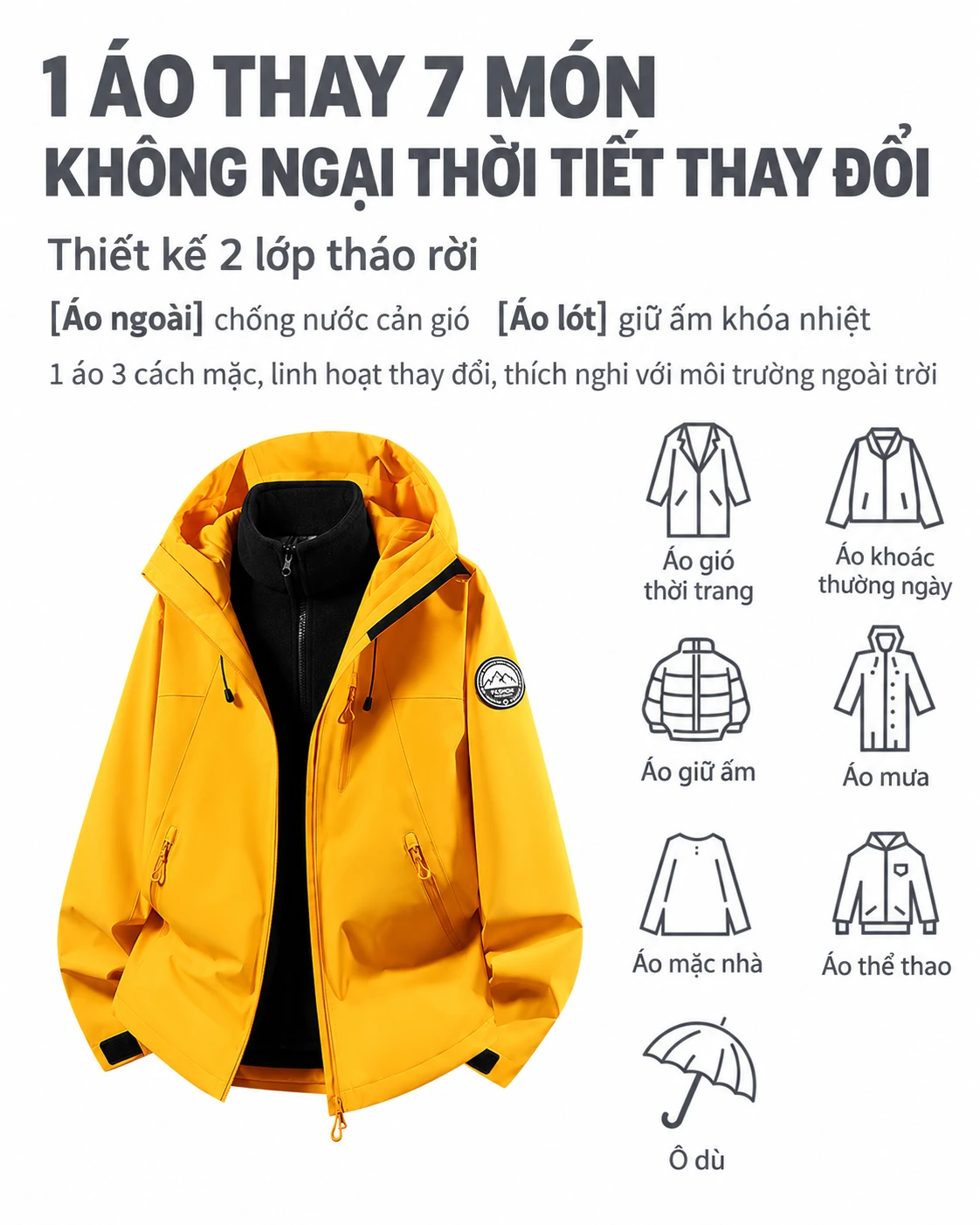 Áo khoác leo núi ngoài trời 3 trong 1 nam nữ, bộ 2 món thu đông, chống gió chống nước, lót nỉ giữ ấm