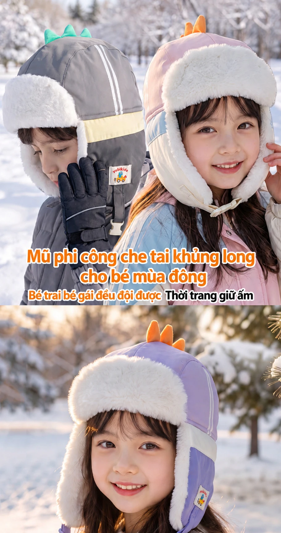 Mũ bé trai bé gái mùa đông lót lông dày giữ ấm che tai hình khủng long dễ thương